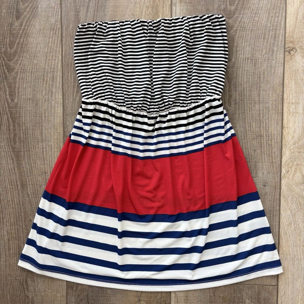 Outback Red Women Strapless Top Sz M Red Blue Stripes Nautical Beach 4th of July